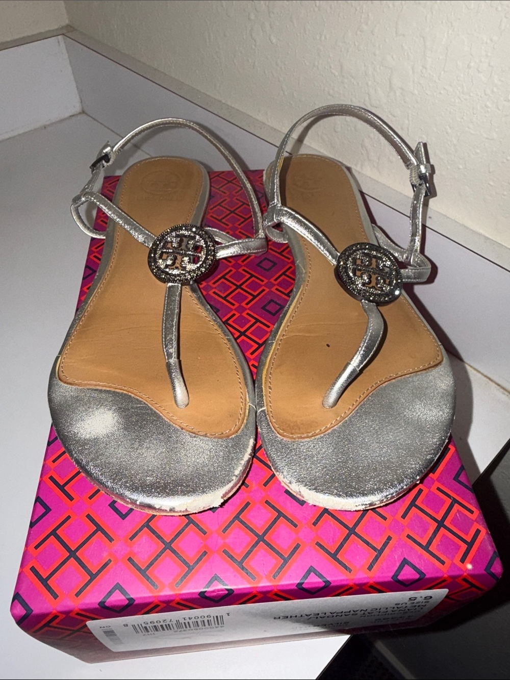 Tory Burch Silver Metallic T-Strap Logo Sandals